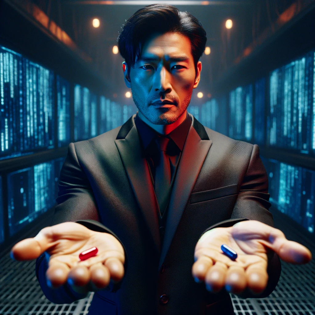 A cyber security professional offering a choice between a red pill and a blue pill in a style reminiscent of the Matrix. The scene captures a futuristic and mysterious atmosphere.
