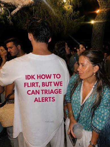 Guy with a shirt saying IDK how to flirt, but we can triage alerts